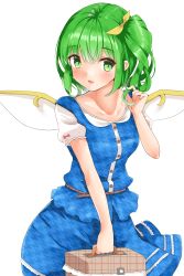Rule 34 | 1girl, :d, belt, blue skirt, blue vest, blush, breasts, brown belt, clothes lift, collarbone, commentary request, cowboy shot, daiyousei, fairy wings, fujiko (emnprmn), green eyes, green hair, hair between eyes, hair ribbon, highres, holding, looking at viewer, medium breasts, miniskirt, open mouth, puffy short sleeves, puffy sleeves, ribbon, shirt, short hair, short sleeves, side ponytail, simple background, skirt, skirt lift, smile, solo, touhou, unmoving pattern, vest, white background, white shirt, wings, yellow ribbon