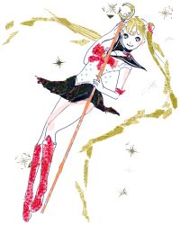Rule 34 | 1990s (style), 1girl, bishoujo senshi sailor moon, blonde hair, blue eyes, blue sailor collar, boots, bow, knee boots, long hair, moon stick, red bow, retro artstyle, ryono, sailor collar, sailor moon, smile, solo, sparkle, syoring, traditional media, tsukino usagi, very long hair, white background