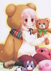 Rule 34 | 1girl, :&lt;, :3, blush, gayarou, kiriyama sakura, pantyhose, pink hair, red eyes, sakura musubi, sitting, solo, stuffed animal, stuffed toy, teddy bear, twintails