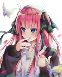 Rule 34 | 1girl, absurdres, bag, black cardigan, black ribbon, blue eyes, blunt bangs, blush, bug, butterfly, butterfly hair ornament, cardigan, go-toubun no hanayome, hair ornament, hand on own face, handbag, highres, hime cut, insect, kyoro ina, long hair, looking away, multicolored nails, nail polish, nakano nino, open cardigan, open clothes, petals, pink hair, ribbon, shirt, simple background, sleeves past wrists, twintails, white shirt