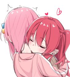 Rule 34 | 2girls, absurdres, blush, bocchi the rock!, closed eyes, commentary request, ear blush, gotoh hitori, heart, highres, jacket, kiss, kissing neck, kita ikuyo, long hair, multiple girls, one side up, pink hair, pink jacket, red hair, simple background, sweat, tensann3, track jacket, trembling, upper body, white background, yuri