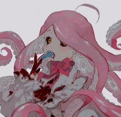 Rule 34 | 1girl, asphyxia17, black sclera, blood, blood on face, bow, bowtie, colored sclera, female focus, fingernails, grey background, highres, long fingernails, monster girl, open mouth, original, sharp fingernails, sharp teeth, simple background, solo, teeth, tentacle hair, yellow eyes