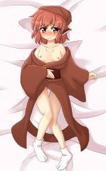 Rule 34 | 1girl, 3:, animal ears, bed, blush, breasts, collarbone, frown, full-face blush, full body, hat, japanese clothes, kimono, knees together feet apart, looking at viewer, lying, mystia lorelei, naked robe, nipples, off shoulder, okamisty, on back, partially visible vulva, red eyes, red hair, robe, short hair, shy, small breasts, socks, solo, teoi (good chaos), thigh gap, touhou, wide sleeves