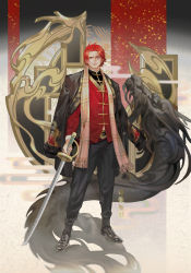 Rule 34 | 1boy, black footwear, chinese clothes, coat, coat on shoulders, dywx poison, facial hair, full body, highres, holding, holding sword, holding weapon, male focus, one piece, red hair, scar, scar across eye, scar on face, scarf, shanks (one piece), solo, standing, sword, weapon