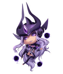 Rule 34 | 1girl, armor, barefoot, breasts, chibi, cleavage, ear protection, forehead jewel, forehead protector, full body, highres, kumiko shiba, league of legends, lipstick, long hair, makeup, orb, pauldrons, purple eyes, purple hair, purple lips, shoulder armor, solo, syndra, thighhighs, toeless legwear, toes, vambraces, very long hair