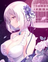 Rule 34 | 1girl, azur lane, birdcage, blue gemstone, breasts, cage, cleavage, commentary request, dress, flower, flower-trimmed dress, flower trim, gem, hair flower, hair ornament, halter dress, halterneck, itoichi., large breasts, looking away, official alternate costume, petals, profile, red eyes, rose, rose petals, short hair, sirius (azur lane), sirius (white rose) (azur lane), solo, white dress, white flower, white hair, white rose