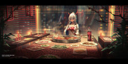 Rule 34 | 1girl, 2020, :t, arknights, artist name, bad id, bad pixiv id, bandeau, blue eyes, blurry, blurry background, bowl, breasts, candle, champagne flute, chopsticks, chromatic aberration, closed mouth, cola, commentary request, cup, depth of field, drinking glass, eating, fire, food, hair between eyes, happy new year, high ponytail, highres, holding, holding chopsticks, horns, jacket, letterboxed, long hair, medium breasts, new year, nian (arknights), open clothes, open jacket, plate, pointy ears, ponytail, red bandeau, soda bottle, solo, table, white hair, white jacket, window, yurichtofen