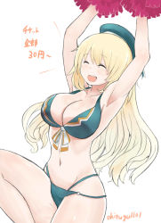 Rule 34 | 10s, 1girl, :d, ^ ^, armpits, arms up, atago (kancolle), bare shoulders, beret, bikini, blonde hair, blue bikini, breasts, cleavage, closed eyes, derivative work, hat, highres, kantai collection, large breasts, leg up, long hair, navel, okitsugu, open mouth, pom pom (cheerleading), simple background, smile, solo, swimsuit, white background