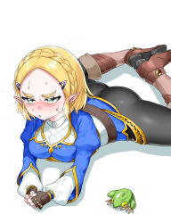 Rule 34 | 1girl, ass, black pants, blonde hair, blue eyes, blue shirt, blush, boots, braid, breasts, brown footwear, commentary request, crown braid, fingerless gloves, frog, gloves, green eyes, highres, knee boots, looking ahead, lying, medium breasts, nintendo, on stomach, pants, parted bangs, pointy ears, princess zelda, shirt, short hair, solo, the legend of zelda, the legend of zelda: tears of the kingdom, tight clothes, tight pants, wasabi (legemd), white background