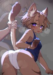 1boy 1girl animal_ear_fluff animal_ears ass backlighting bent_over body_fur brown_fur brown_hair cameltoe cat_ears cat_girl cat_tail chromatic_aberration commission fewer_digits from_behind furry furry_female grey_background highres horns lee_ha-kyung looking_back open_mouth original panties purple_eyes signature simple_background solo_focus steaming_body sweat tail tail_grab thighs tsurime underwear white_panties zoom_layer