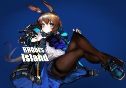 Rule 34 | 1girl, :o, absurdres, amayouri, amiya (arknights), animal ears, arknights, ascot, black jacket, black pantyhose, blue ascot, blue background, blue eyes, blue footwear, blue skirt, brown hair, commentary, full body, hair between eyes, highres, jacket, jewelry, long hair, looking at viewer, multiple rings, open clothes, open jacket, pantyhose, plaid, plaid skirt, rabbit ears, ring, shirt, shoes, simple background, skirt, solo, symbol-only commentary, thigh strap, thighs, thumb ring, white shirt