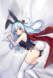 1girl alternate_costume alternate_hairstyle animal_ears ass black_leotard blue_hair blush breasts cape fake_animal_ears fake_tail fubuki_(warship_girls_r) highres leotard long_hair looking_at_viewer lying on_side one_side_up open_mouth playboy_bunny rabbit_ears rabbit_tail red_eyes red_scarf ribbon samoye_naichadong scarf solo tail thighhighs warship_girls_r white_thighhighs