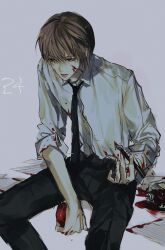 Rule 34 | 1boy, apple, black necktie, black pants, brown hair, collared shirt, death note, evl 1230, food, fruit, highres, holding, holding food, holding fruit, holding pen, ink, ink on clothes, ink on face, male focus, necktie, pants, paper, pen, red pupils, shirt, short hair, sleeves rolled up, solo, spill, yagami light