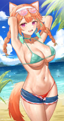 Rule 34 | 1girl, absurdres, animal ears, arms behind head, artist name, beach, bikini, blue shorts, blue sky, blunt bangs, braid, breasts, choker, cloud, day, green bikini, green choker, green hair, gurina, hairband, highres, hololive, hololive english, large breasts, looking at viewer, multicolored hair, ocean, open mouth, orange hair, outdoors, purple eyes, short shorts, shorts, sky, smile, solo, standing, swimsuit, tail, takanashi kiara, thighs, twin braids, two-tone hair, virtual youtuber, water, wet, white hairband
