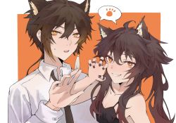 Rule 34 | 1boy, 1girl, alternate costume, animal ears, animal hands, bare shoulders, black nails, breasts, brown hair, cat ears, chinese commentary, cleavage, collarbone, collared shirt, colored tips, diamond-shaped pupils, diamond (shape), earrings, eyeliner, eyeshadow, flower-shaped pupils, formal, genshin impact, gradient hair, hair between eyes, halterneck, hand up, highres, hu tao (genshin impact), jewelry, long hair, long sleeves, looking at viewer, makeup, multicolored hair, multiple rings, nail polish, naughty face, necktie, open mouth, orange background, paw pose, ponytail, red eyes, red eyeshadow, ring, shiba257, shirt, sidelocks, simple background, single earring, sleeveless, smile, speech bubble, star-shaped pupils, star (symbol), symbol-shaped pupils, tassel, tassel earrings, teeth, thumb ring, twintails, upper body, upper teeth only, yellow eyes, zhongli (genshin impact)