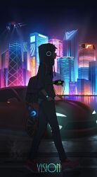 Rule 34 | 1boy, absurdres, backpack, bag, blue hoodie, blue pants, bottle, building, car, cellphone, city, cityscape, commentary, english text, from side, glowing, gourd, hand in pocket, headphones, highres, holding, holding phone, hood, hood up, hoodie, male focus, motor vehicle, neon lights, night, original, outdoors, pants, pasoputi, phone, scenery, silhouette, sky, skyscraper, smartphone, solo, spotify, translated, watch, wristwatch