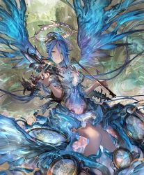Rule 34 | 10s, 1girl, artist request, blue hair, bow (music), bracelet, breasts, city, cleavage, cygames, dress, feathered wings, frown, green eyes, halo, instrument, israfil (shadowverse), jewelry, large breasts, long hair, looking at viewer, magic circle, official art, ponytail, ribbon, ring, shadowverse, shingeki no bahamut, solo, violin, wings