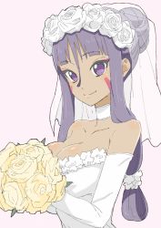 Rule 34 | 1girl, absurdres, bad id, bad twitter id, bare shoulders, blunt bangs, bouquet, breasts, bridal veil, choker, cleavage, dark-skinned female, dark skin, donguri suzume, dress, facial mark, fate/grand order, fate (series), flower, from side, hair between eyes, hair bun, highres, holding, holding bouquet, large breasts, long hair, looking at viewer, nitocris (fate), pink background, purple eyes, purple hair, simple background, single hair bun, smile, solo, veil, wedding dress