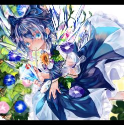Rule 34 | 1girl, blue dress, blue eyes, blue hair, blue ribbon, bow, cirno, cup, dress, drinking, drinking straw, fairy wings, flower, frozen, glass, hair bow, highres, holding, holding cup, holding drinking straw, hydrangea, ice, ice wings, leaf, letterboxed, looking at viewer, mint, pinafore dress, pink neckwear, pink ribbon, puffy short sleeves, puffy sleeves, ribbon, ribbon-trimmed sleeves, ribbon trim, see-through, see-through sleeves, short hair, short sleeves, sleeveless dress, sunflower, touhou, transparent, transparent wings, wings, zhu xiang