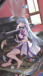 Rule 34 | 1girl, absurdres, aqua eyes, barefoot, bird, character name, choker, comet (user fjsa4577), commentary request, curtains, detached sleeves, dress, facial mark, feathers, feet, grey hair, highres, honkai: star rail, honkai (series), indoors, instrument, long hair, looking at viewer, piano, purple choker, robin (honkai: star rail), short sleeves, sitting, smile, solo, very long hair, white dress