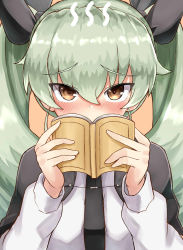 Rule 34 | 10s, 1girl, absurdres, anchovy (girls und panzer), aqua hair, black necktie, black ribbon, blush, book, brown eyes, capelet, close-up, covering own mouth, embarrassed, eyebrows, fume, girls und panzer, hair between eyes, hair ribbon, highres, holding, holding book, long sleeves, looking at viewer, md5 mismatch, necktie, okitsugu, open book, orange background, resized, resolution mismatch, ribbon, school uniform, shirt, simple background, solo, source smaller, squiggle, tsurime, twintails, upper body, upscaled, white shirt