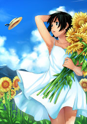 Rule 34 | 1girl, arm behind back, arm up, armpits, black eyes, black hair, blue sky, cloud, collarbone, day, dress, field, flower, flower field, hat, hat loss, unworn hat, unworn headwear, hill, holding, holding flower, legs together, looking away, looking back, open mouth, original, outdoors, parted lips, short hair, sky, sleeveless, sleeveless dress, solo, spaghetti strap, straw hat, sundress, sunflower, sunflower field, sunlight, torii yoshitsuna, white dress, wind