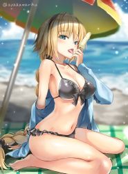 Rule 34 | 1girl, ayakawa riku, barefoot, bikini, black bikini, black bow, black scrunchie, blonde hair, blue eyes, blue jacket, blurry, blurry background, bow, braid, braided ponytail, breasts, cleavage, clothes down, cloud, collarbone, day, fate/grand order, fate (series), food, frilled bikini, frills, front-tie bikini top, front-tie top, hair bow, hair ornament, hair scrunchie, holding, holding food, ice cream, jacket, jeanne d&#039;arc (fate), jeanne d&#039;arc (ruler) (fate), jeanne d&#039;arc (swimsuit archer) (fate), jeanne d&#039;arc (swimsuit archer) (first ascension) (fate), long hair, looking at viewer, medium breasts, navel, ocean, outdoors, parasol, print bikini, print bikini top, scrunchie, sideboob, single braid, sitting, solo, swimsuit, tongue, tongue out, umbrella, underboob, very long hair, wariza