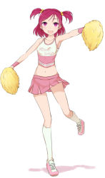 Rule 34 | 00s, 1girl, bad id, bad pixiv id, cheerleader, clothes lift, full body, kneehighs, midriff, minatsuki randoseru, navel, open mouth, pink eyes, pink hair, pom pom (cheerleading), precure, short hair, skirt, skirt lift, smile, socks, solo, standing, standing on one leg, twintails, two side up, wind, wind lift, wristband, yes! precure 5, yumehara nozomi