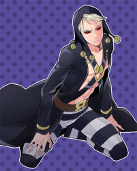 Rule 34 | 1boy, bad id, bad pixiv id, black sclera, colored sclera, danemaru, grey hair, hat, jojo no kimyou na bouken, male focus, pants, red eyes, risotto nero, solo, striped clothes, striped pants