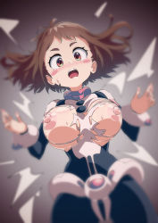 Rule 34 | 1girl, artist request, bad id, bad pixiv id, blue bodysuit, blurry, blurry foreground, blush, blush stickers, bodysuit, boku no hero academia, breasts, brown eyes, brown hair, exploding clothes, hands up, highres, large breasts, multicolored bodysuit, multicolored clothes, nipples, open mouth, pink bodysuit, sajimari, short hair, solo, standing, superhero costume, surprised, tearing clothes, torn, torn bodysuit, torn clothes, uraraka ochako, wardrobe malfunction
