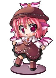 Rule 34 | 1girl, animal ears, bad id, bad pixiv id, blush, brown dress, chibi, dress, faux figurine, female focus, full body, hat, mystia lorelei, open mouth, outstretched arms, pink eyes, pink hair, shinjitsu, short hair, simple background, smile, solo, standing, touhou, white background, wings