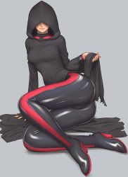 Rule 34 | 1girl, artist request, ass, bodysuit, breasts, brown hair, cameltoe, cloak, dead or alive, dead or alive 5, highres, hood, hooded cloak, lying, on side, phase-4, shigenobu, shiny clothes, skin tight, smile, solo