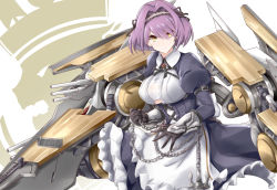 Rule 34 | 1girl, apron, azur lane, black gloves, breasts, broken, broken chain, chain, cleavage, closed mouth, clothing cutout, dress, feather boa, gloucester (azur lane), gloves, gudon (iukhzl), hair between eyes, hair over one eye, hairband, lace-trimmed hairband, lace trim, large breasts, long sleeves, looking at viewer, maid, puffy sleeves, purple hair, short hair, shrug (clothing), underboob cutout, yellow eyes