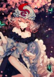 Rule 34 | 1girl, adapted costume, bare shoulders, blue bow, blue dress, blue hat, bow, breasts, bug, butterfly, center frills, cherry blossoms, cleavage, collarbone, daimaou ruaeru, dress, feet out of frame, frilled sleeves, frills, hair between eyes, hand up, hat, insect, large breasts, long sleeves, looking at viewer, mob cap, obi, off-shoulder dress, off shoulder, petals, pink eyes, pink hair, pink sash, saigyouji yuyuko, sash, short hair, smile, solo, thighs, touhou, veil, wide sleeves