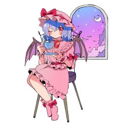 Rule 34 | 1girl, absurdres, bat wings, belt, blue hair, blue sky, blush, boots, bow, chair, closed mouth, crescent, cup, dress, eyes visible through hair, gem, gradient sky, hair between eyes, hands up, hat, hat bow, highres, jewelry, looking at viewer, mob cap, one eye closed, pink belt, pink bow, pink dress, pink footwear, pink hat, pink sky, plate, puffy short sleeves, puffy sleeves, purple sky, red eyes, remilia scarlet, short hair, short sleeves, simple background, sitting, sky, solo, spoon, star (sky), starry sky, tamagogayu1998, touhou, white background, window, wings, wrist cuffs