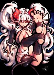 Rule 34 | 1girl, absurdres, ahoge, bandages, black choker, black footwear, breasts, choker, collarbone, demon girl, demon horns, demon tail, feet, floofsmear, foot focus, full body, hatching (texture), heart, heart ahoge, highres, holding feet, horns, legs, long eyelashes, long hair, looking at viewer, lying, mixed media, on back, original, pointy ears, red eyes, smile, smug, soles, solo, spread toes, stirrup legwear, tail, thick outlines, toeless legwear, toes, twintails, very long hair, white hair