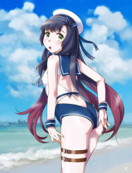 Rule 34 | 1girl, adapted costume, ass, back, bare arms, bare shoulders, beach, black hair, blue neckerchief, blue sailor collar, blue sky, cloud, commentary request, covered erect nipples, day, from behind, gradient hair, green eyes, hat, kantai collection, leaning forward, long hair, looking at viewer, looking back, matsuwa (kancolle), multicolored hair, neckerchief, ocean, one-piece swimsuit, open mouth, outdoors, sailor collar, sailor hat, sameha ikuya, school uniform, serafuku, sky, solo, swimsuit, thigh strap, water, white hat, wristband