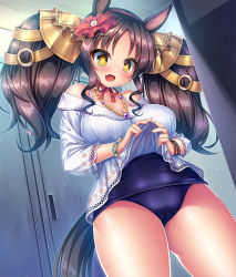 Rule 34 | + +, 1girl, :d, animal ears, bead bracelet, bead necklace, beads, blush, bracelet, breasts, brown hair, clothes lift, fang, flower, hair flower, hair ornament, horse ears, horse girl, horse tail, jewelry, large breasts, lifted by self, locker, locker room, long hair, marvelous sunday (umamusume), necklace, off-shoulder shirt, off shoulder, open mouth, school swimsuit, shirt, shirt lift, smile, solo, swimsuit, swimsuit under clothes, tail, takeponi, thick thighs, thighs, twintails, umamusume, wet, yellow eyes