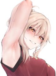 Rule 34 | 1girl, armpit focus, armpits, blonde hair, clenched teeth, commentary request, eyes visible through hair, highres, looking at viewer, love live!, love live! nijigasaki high school idol club, miyashita ai, nasuno (nasuno42), short hair, simple background, smile, solo, sweat, teeth, upper body, white background, yellow eyes