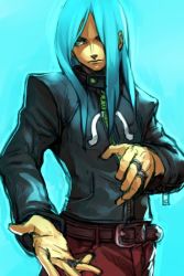 Rule 34 | 1boy, belt, black jacket, blue background, blue eyes, blue hair, capcom, closed mouth, fighting stance, hungry clicker, jacket, jewelry, long hair, long sleeves, male focus, pants, red pants, remy (street fighter), ring, simple background, solo, standing, street fighter, street fighter iii (series)