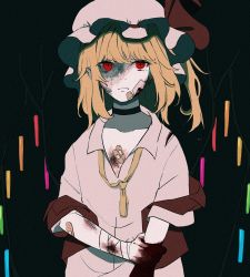 Rule 34 | 1girl, bandaged arm, bandages, bandaid, black background, black choker, blonde hair, blood, blood on face, blood on hands, bruise, choker, closed mouth, collarbone, collared shirt, commentary, crystal, flandre scarlet, hat, hat ribbon, highres, holding own arm, injury, kaburaya (kabura 8), light frown, looking at viewer, medium hair, mob cap, necktie, one side up, open clothes, open vest, red eyes, red ribbon, red vest, ribbon, shirt, simple background, solo, touhou, upper body, vest, white hat, white shirt, wings, yellow necktie