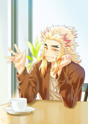 Rule 34 | 1boy, blonde hair, brown jacket, casual, collarbone, cup, dog tags, forked eyebrows, grey shirt, head rest, highres, jacket, kimetsu no yaiba, long hair, long sleeves, looking to the side, male focus, multicolored hair, open clothes, open jacket, red hair, remsor076, rengoku kyoujurou, shirt, sitting, smile, solo, table, teacup, two-tone hair, upper body, yellow eyes