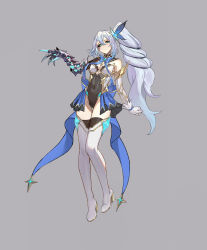 Rule 34 | 1girl, absurdres, armor, black sclera, blue eyes, boots, colored sclera, commission, corruption, covered navel, full body, grey background, grey hair, high heels, highres, long hair, looking at viewer, magical girl, mismatched sclera, original, ponytail, shen hai ichigo, solo, standing, tachi-e, thigh boots, very long hair