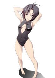 Rule 34 | 1girl, antenna hair, arms behind head, arms up, barefoot, black eyes, black hair, breasts, center opening, covered navel, front zipper swimsuit, grin, highres, idolmaster, idolmaster (classic), k-you (hikarininare), kikuchi makoto, looking at viewer, meme attire, one-piece swimsuit, pigeon-toed, short hair, simple background, small breasts, smile, solo, standing, swimsuit, white background