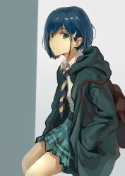 Rule 34 | absurdres, backpack, bag, blue hair, blue necktie, bob cut, brown bag, closed mouth, commentary, darling in the franxx, diagonal stripes, dress shirt, green background, green eyes, green hoodie, green skirt, hair ornament, hair strand, hairclip, hands in pockets, highres, hood, hood down, hoodie, ichigo (darling in the franxx), light frown, looking at viewer, looking to the side, mao wei du jiao shou, necktie, plaid, plaid skirt, pleated skirt, shirt, sitting, skirt, striped, striped necktie, white background, white shirt, yellow necktie