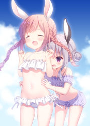 Rule 34 | 2girls, :d, ^ ^, animal ears, bare arms, bare shoulders, bikini, blue sky, blush, braid, chitosezaka suzu, closed eyes, cloud, collarbone, commentary request, day, double bun, frilled bikini, frills, hair between eyes, hair bun, hands on another&#039;s waist, leaning forward, light brown hair, long hair, low twintails, multiple girls, navel, open mouth, original, outdoors, polka dot, polka dot bikini, purple bikini, purple eyes, purple hair, rabbit ears, side-tie bikini bottom, side bun, single side bun, sky, smile, swimsuit, tears, tickling, tickling sides, twin braids, twintails, white bikini