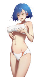 Rule 34 | 10s, 1girl, a2bnis, alternate breast size, bad id, bad pixiv id, bikini, blue hair, blush, breasts, covered erect nipples, darling in the franxx, grabbing own breast, hair between eyes, hair ornament, hairclip, highres, ichigo (darling in the franxx), large breasts, looking down, navel, open mouth, shiny skin, short hair, simple background, smile, solo, swimsuit, white background, white bikini, yellow eyes