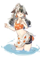 Rule 34 | 1girl, arknights, bare arms, bare shoulders, bikini, black hair, blush, breasts, commentary request, fuyu mika (altarcitrus), grey hair, hair between eyes, highres, long hair, multicolored hair, navel, open mouth, orange bikini, polka dot, polka dot bikini, red eyes, sarong, signature, simple background, small breasts, snowsant (arknights), solo, swimsuit, two-tone hair, wading, water, wet, white background