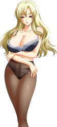 Rule 34 | 10s, 1girl, bishop (company), blonde hair, bra, breast hold, breasts, curvy, female focus, game cg, highres, huge breasts, lace, lace-trimmed bra, lace panties, lace trim, lingerie, long hair, makihara rieko, mature female, oppai heart, panties, pantyhose, purple eyes, simple background, solo, standing, underwear, white background