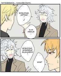 Rule 34 | 2koma, 3boys, arthur pendragon (fate), blonde hair, closed eyes, colorized, comic, commentary, english commentary, english text, fate/grand order, fate (series), french text, gilgamesh (fate), grey background, hair between eyes, kyou (ningiou), male focus, merlin (fate), multiple boys, open mouth, red eyes, short hair, speech bubble, sweatdrop, the office, twitter username, white hair